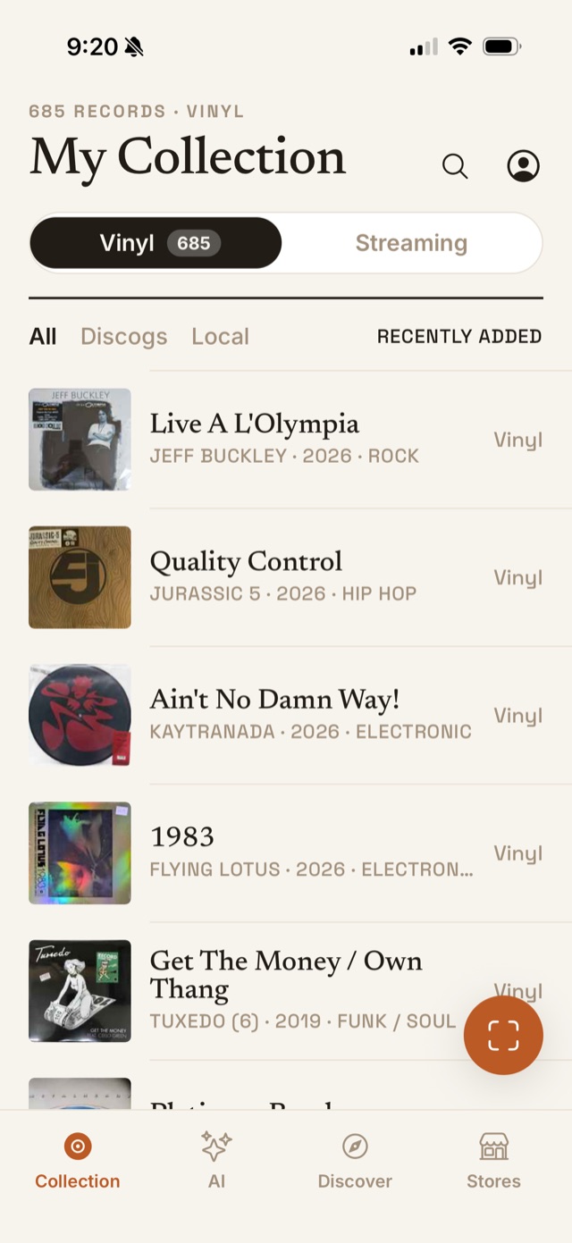 Cue & Crate collection screen showing a Discogs-synced record library